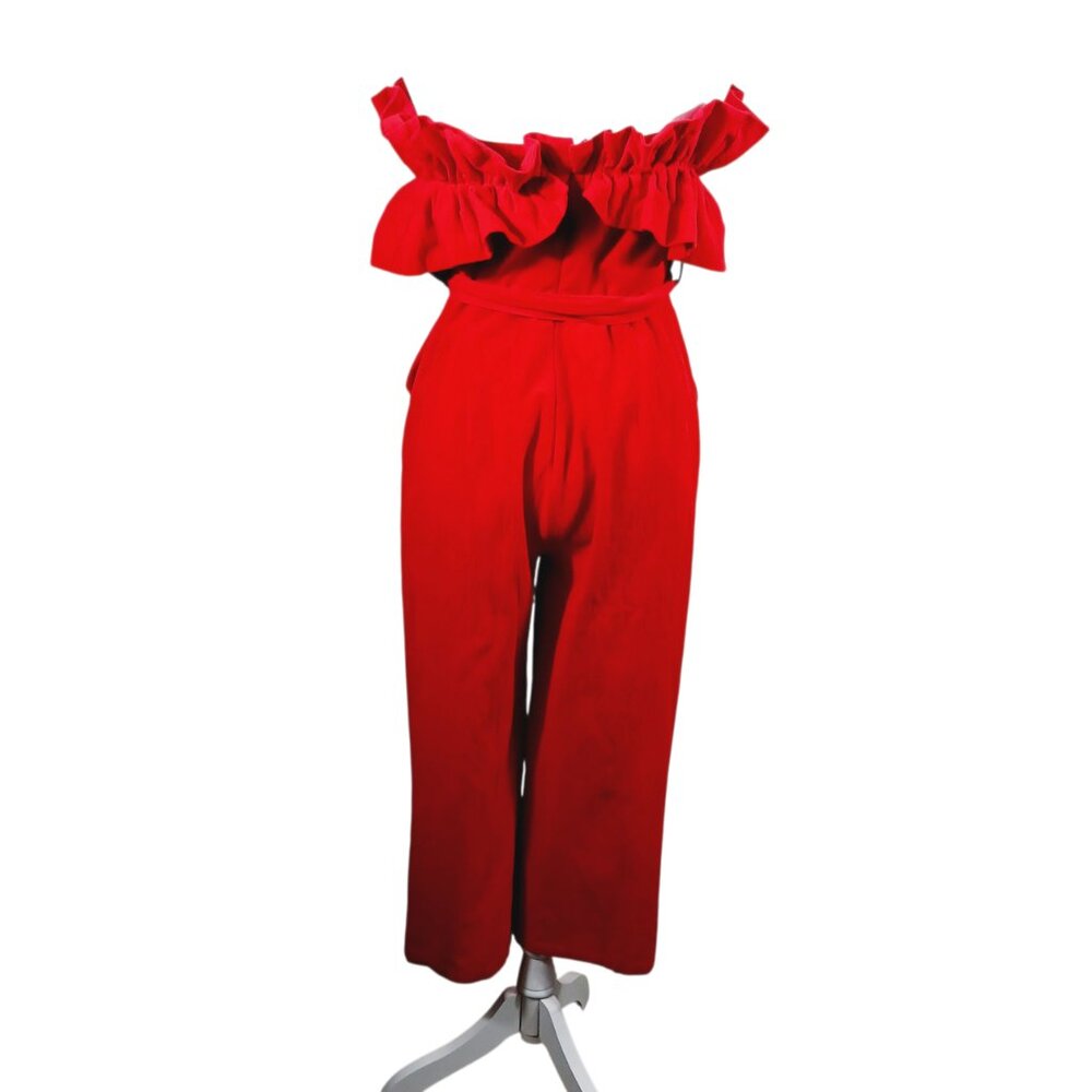 Ambition, Med., Red Strapless Linen Blend Jumpsuit W/ Ruffled Top, Calf Length - Picture 4 of 13